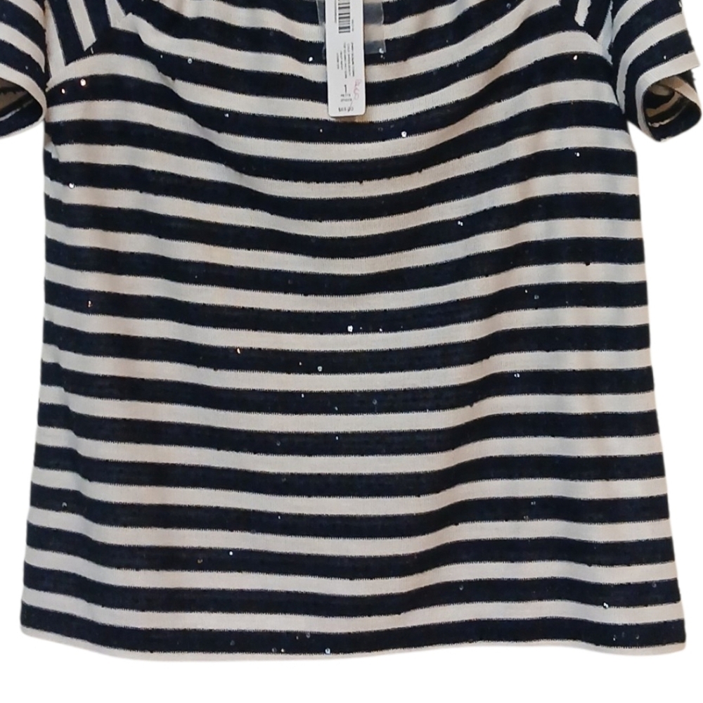 Chico's -NWT Navy/White Cold Shoulder Blouse Key Hole Neck,Sequence Throughout - Picture 6 of 11